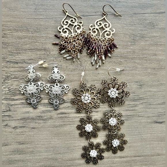 Jewelry - Boho Statement Earring Bundle of 3 - Silver & Bronze Filigree Lot